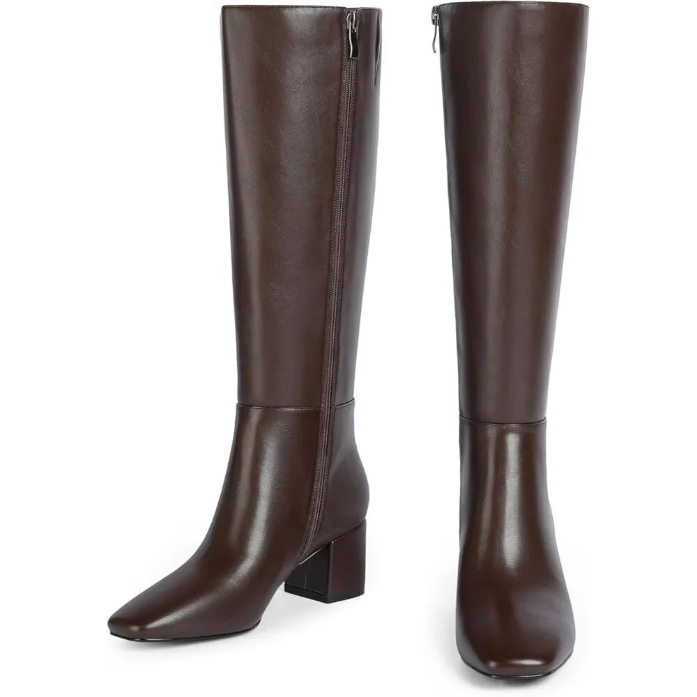 Women's Chocolate Knee High Boots Square Toe Tall Chunky Heel Rubber